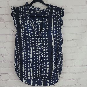 DKNY Sleeveless V-neck Black Blue And White Blouse With Ruffle Shoulders. Size L